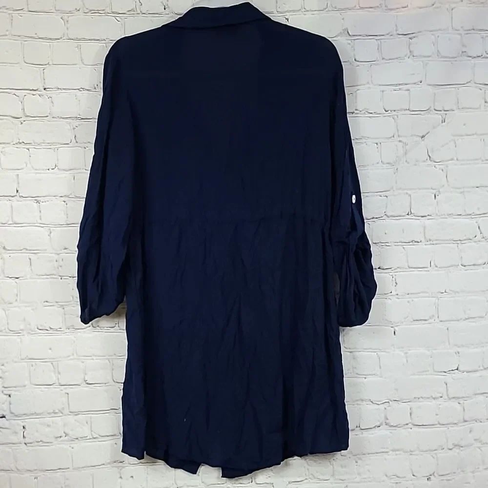 VENUS Navy Shirt Dress XL Beach Cover Up Roll Tab Sleeve Cruise Resort Tunic - Picture 9 of 10